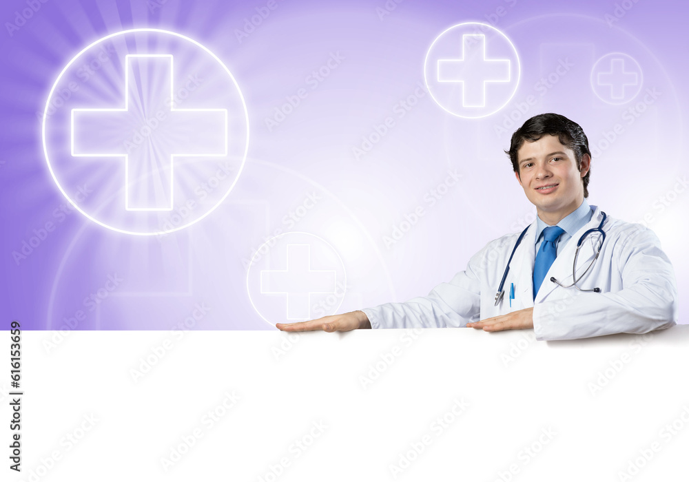 Doctor with banner Doctor with banner