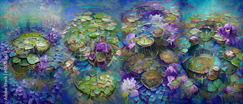 Fotografiet pond montage of four water lily pad compositions from AI generated artwork, alte