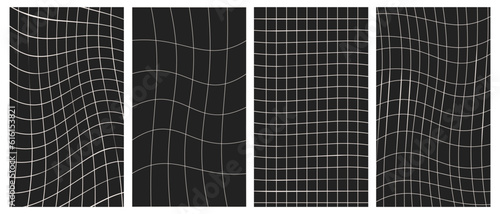 Vector set of vertical geometry wireframe grid backgrounds. Abstract psychedelic posters. Vector illustration