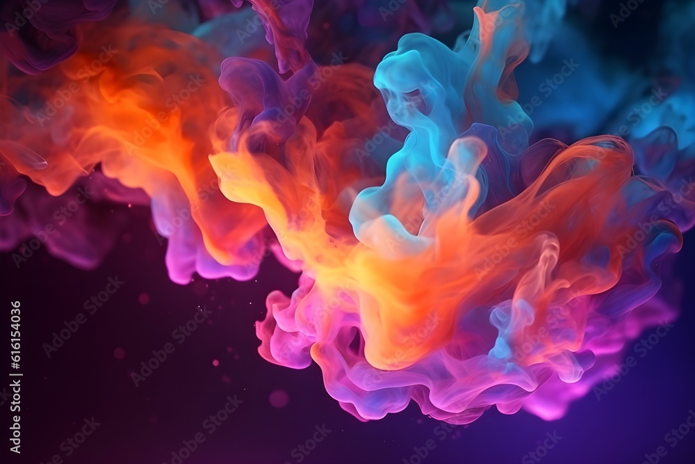 Abstract colorful smoke, smoke bombs blue, orange, and purple on black background. Abstract colored background, created with Generative AI technology

