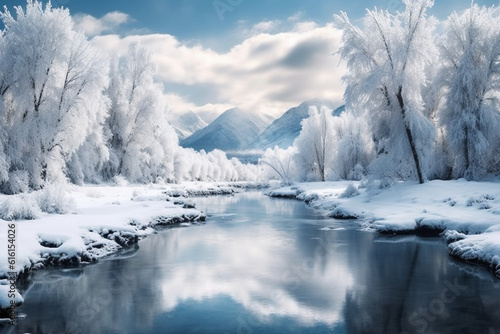 landscape  river and forest in the snow in the winter