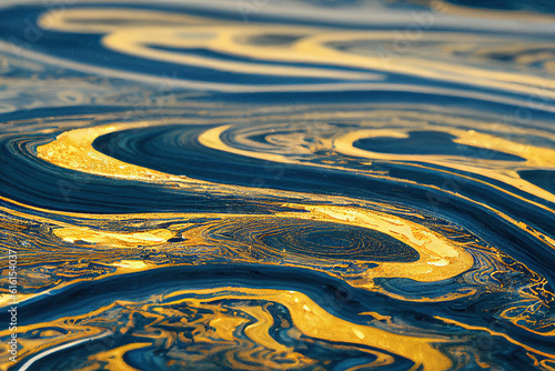 Blue and golden acrylic liquid ink swirl abstract background with ravishing turbulence wavy pattern and detailed texture. Luxury fluid liquid art by Generative AI.