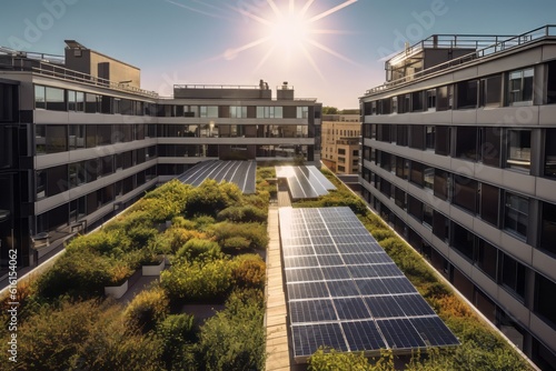 Solar Power in the Urban Landscape: A Captivating Photograph of a Vibrant Rooftop Adorned with Solar Panels, Harnessing the Sun's Rays for Sustainable Energy Generation