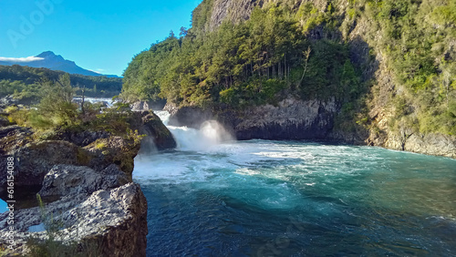 stunning blue waters of Petrohue river and rapids in Puerto Varas, Chile. Saltos del Petrohue