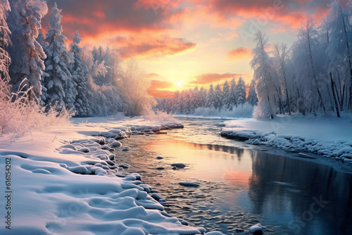 landscape, river and forest in the snow in the winter