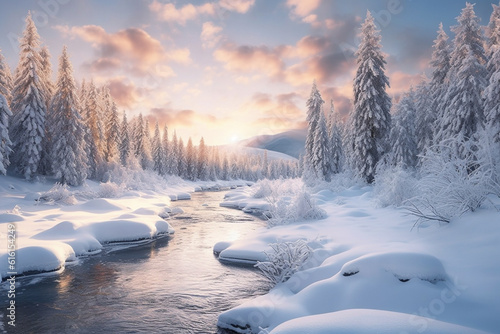 landscape, river and forest in the snow in the winter © Simonforstock