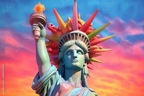 rainbow colors surreal statue of liberty illustration generative ai