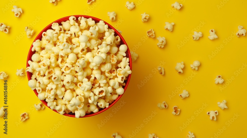 Creative layout made with popcorn on bright yellow Creative layout made with popcorn on bright yellow
