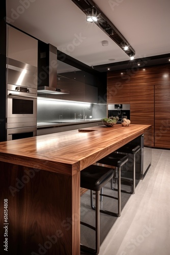 Chic and modern kitchen  with gleaming stainless steel appliances and a sleek  minimalist design. Generative AI