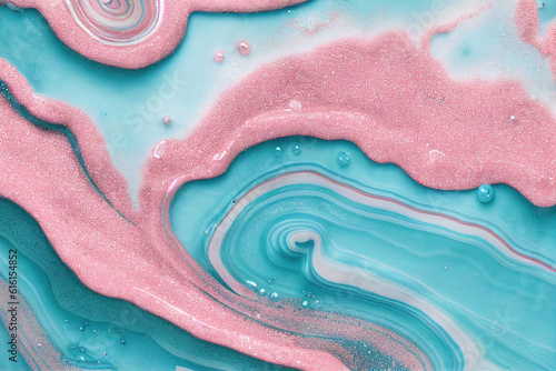 Pink and teal acrylic color liquid ink swirl abstract background with ravishing turbulence wavy pattern and detailed texture. Colorful and realistic dynamic texture by Generative AI.