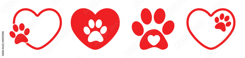 Heart and pet paw print dog cat icon set, Animal love symbol paw print with heart, Vector illustration - obrazy, fototapety, plakaty 