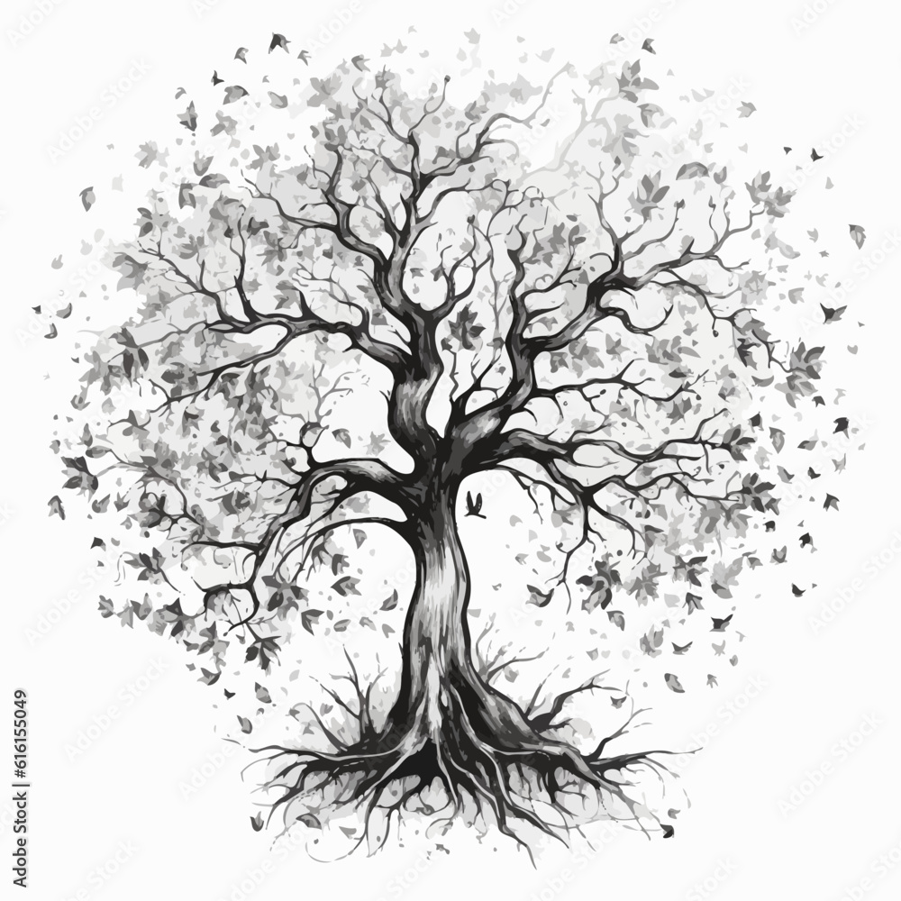 Artistic tree with roots visible in black and white Stock Vector ...