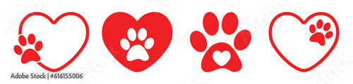 Heart and pet paw print dog cat icon set, Animal love symbol paw print with heart, Vector illustration