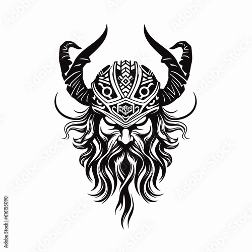 Viking head art tattoo in black and white