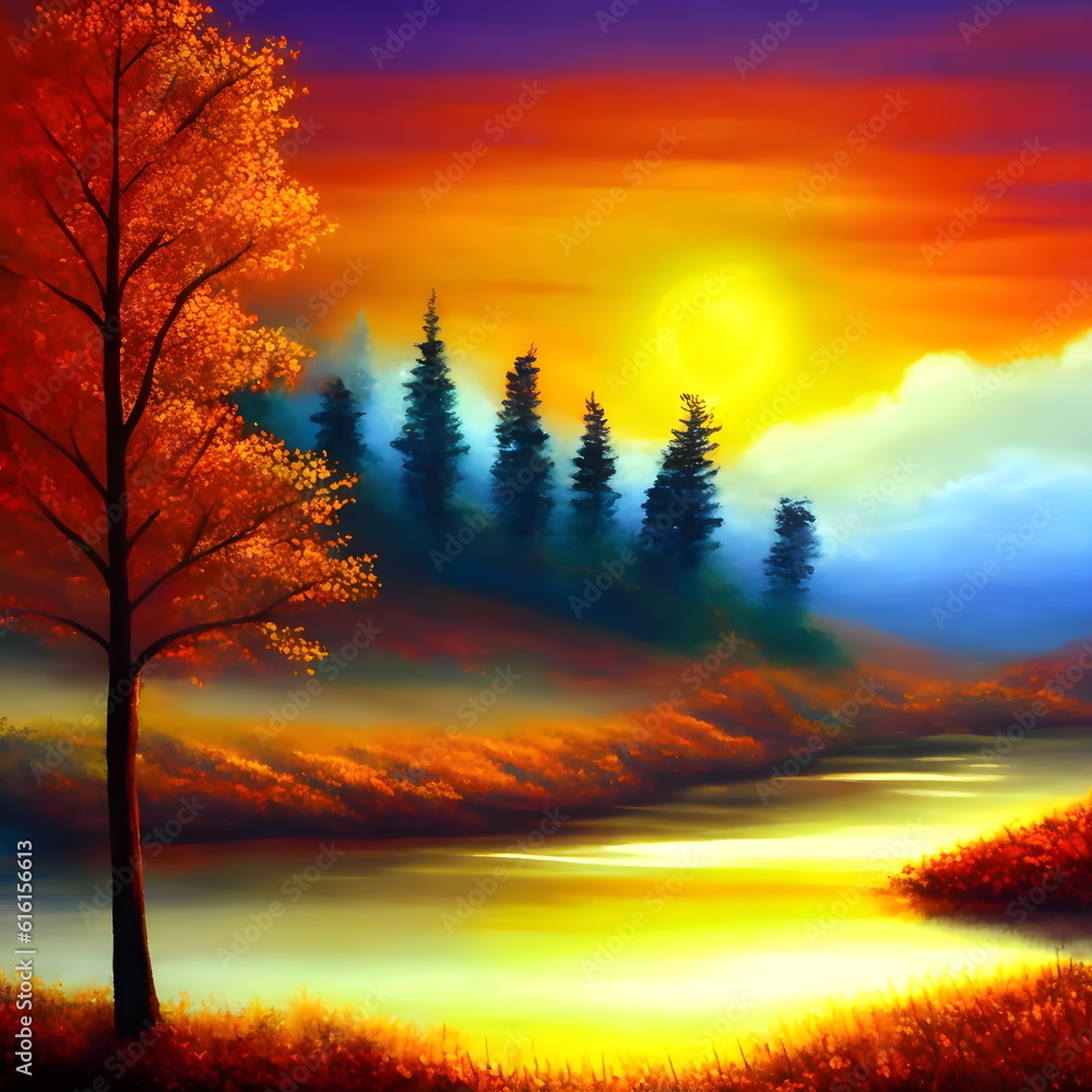 Beautiful sunset in the forest and gorgeous river in autumn season, Colorful natural landscape. Illustration of evening time scenery.