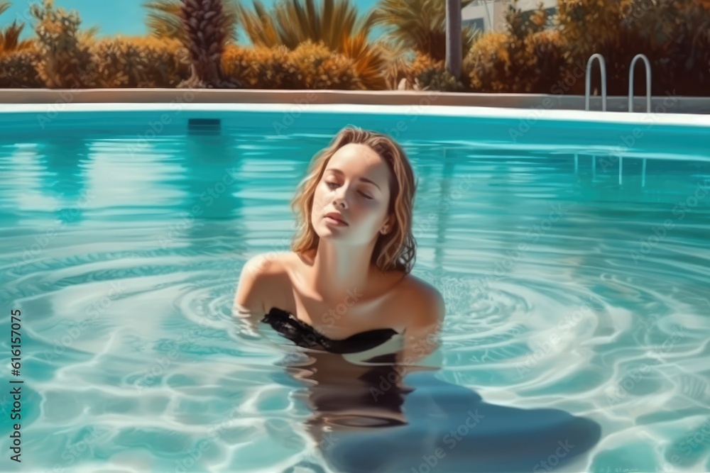 Girl in swimming pool relaxing on vacation in tropics, beautiful woman relaxing in summer. generative ai