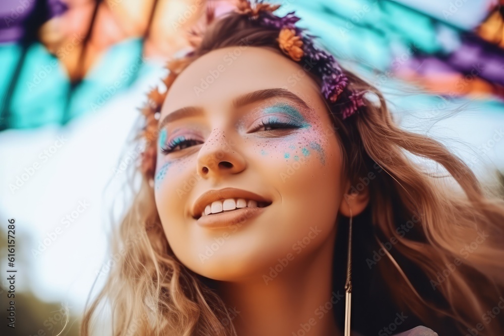 Obraz premium Young girl model Holi Festival Of Colors. Colorful powder paint on the face. Energy, dancing, beautiful woman Portrait of happy young pretty girl on holi color festival. generative ai.