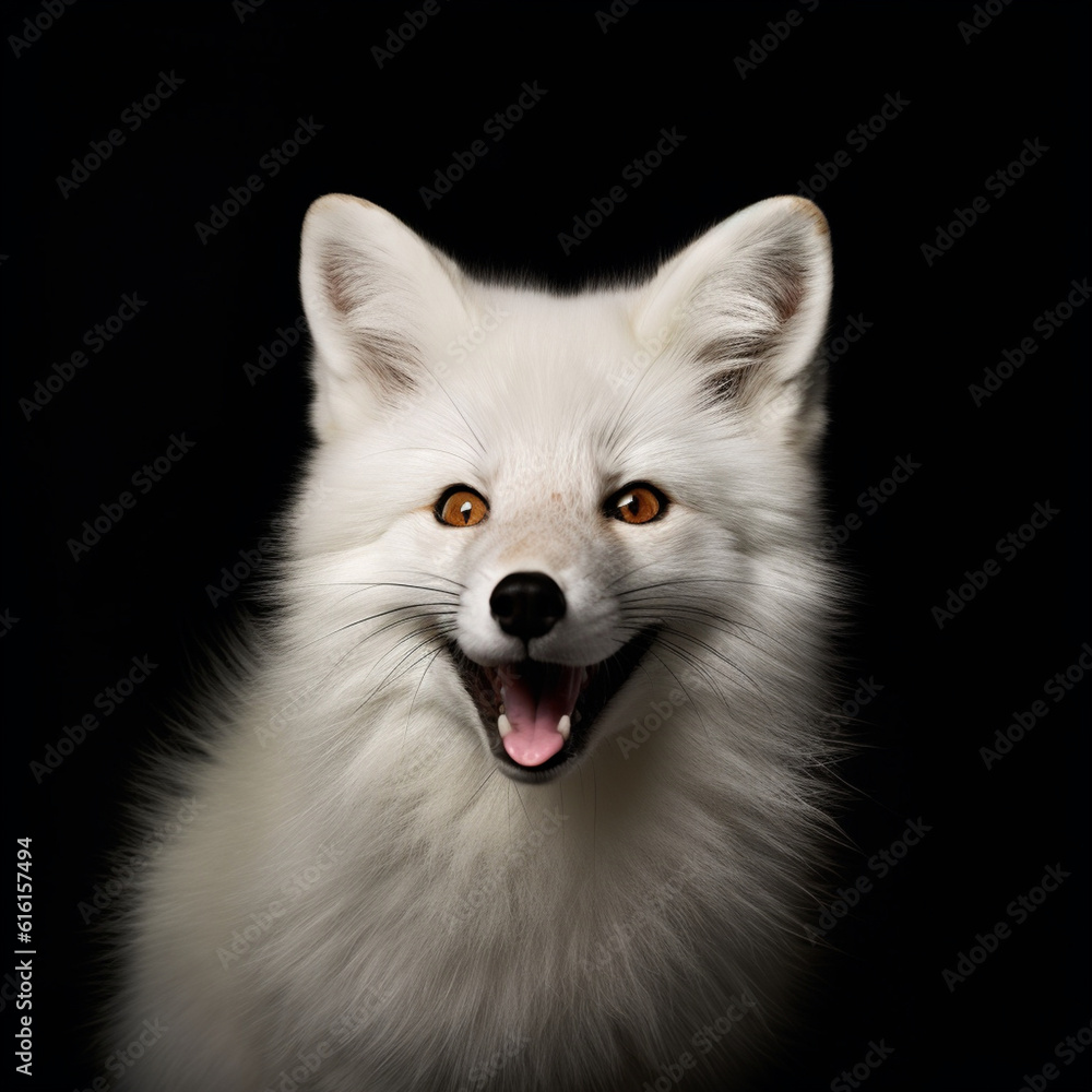 portrait of a smiling white fox, black background