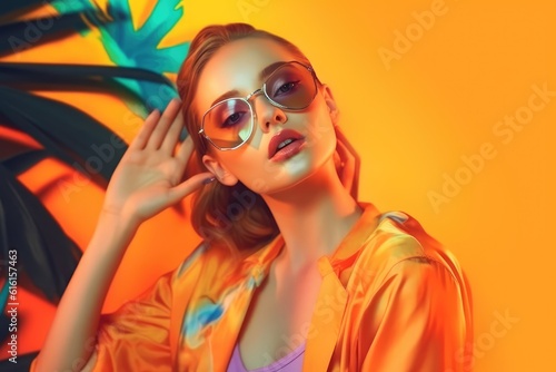 Girl on a summer-autumn tropical background, make-up portrait. Beautiful model looks at the camera, sunglasses. Summer vacation, vacation. generative ai.