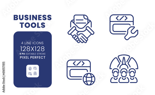 Business tools linear desktop icons set. Computer technology. Collaboration software. Pixel perfect 128x128, outline 4px. Isolated user interface elements pack for website. Editable stroke