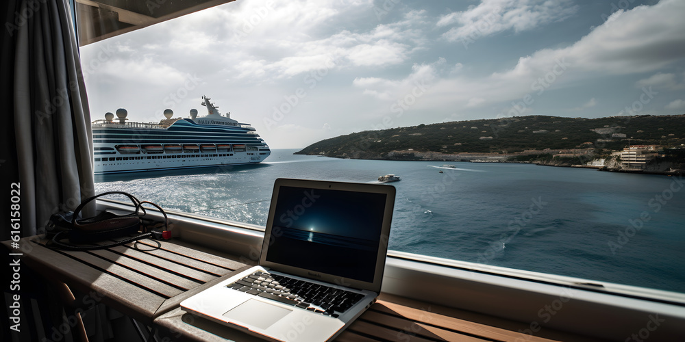 Fototapeta premium Remote Working Setup Port View, Generative AI
