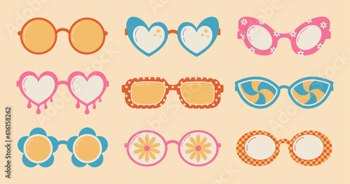 Collection of groovy hippie sunglasses in flat style. Cartoon abstract psychedelic retro glasses. Vector illustration