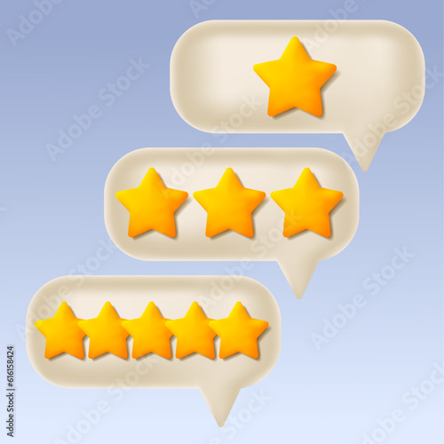 3D vector bubble chat, yellow quality rating star. 3D concept icon of excellent service evaluation. Quality review, buyer feedback. 3D concept vector illustration five stars.