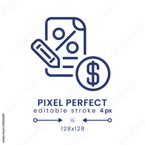Tax filing linear desktop icon. Accounting software. Due date. Business income. Pixel perfect 128x128, outline 4px. GUI, UX design. Isolated user interface element for website. Editable stroke