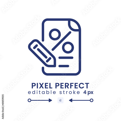 Taxes document linear desktop icon. Interest rate. Bank agreement. Business fee. Pixel perfect, outline 4px. GUI, UX design. Isolated user interface element for website. Editable stroke