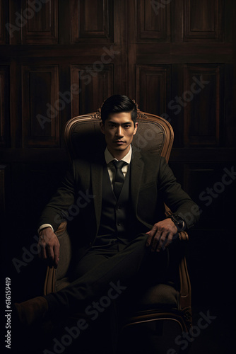 Handsome elegant asian man sitting in an armchair