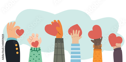 Hands of charity and donation volunteer and community