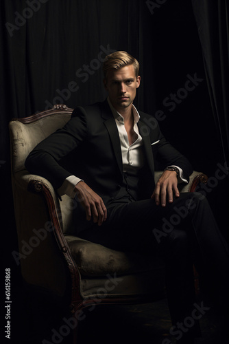 Handsome elegant blond man sitting in an armchair