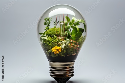 Eco friendly lightbulb with plants. Generative AI