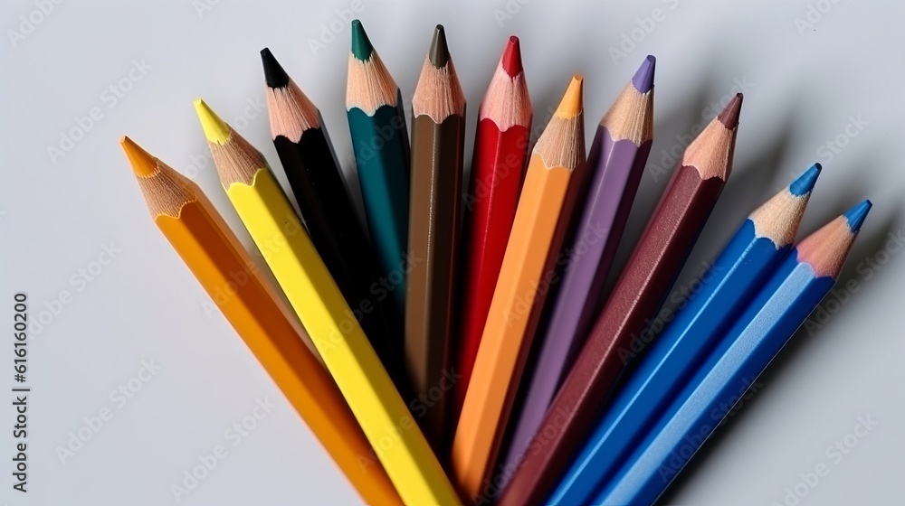 Fototapeta premium Multicolored pencils, drawing tools and hobbies. Solid color background, generative AI 