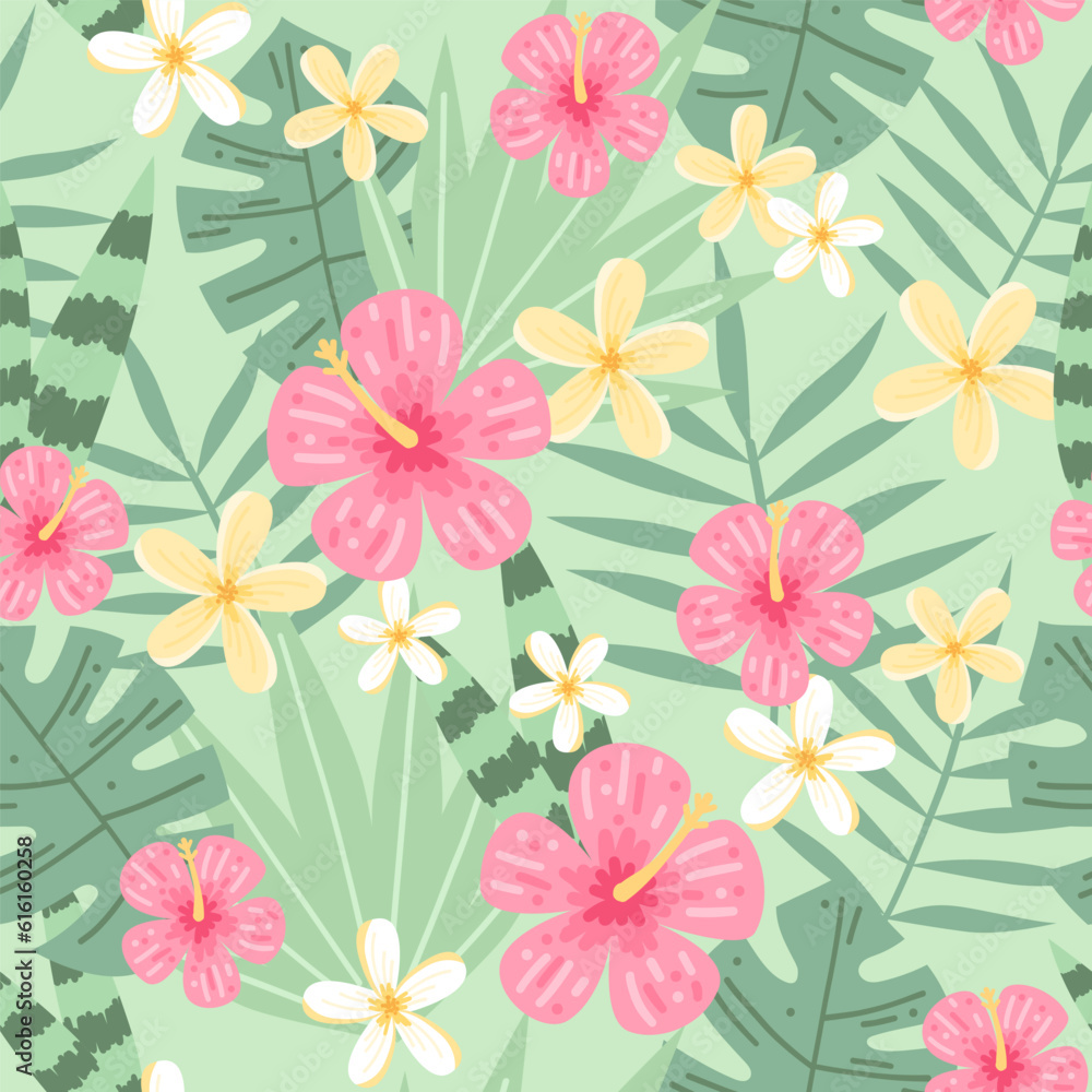 Tropical leaves and flowers seamless patterns, hand drawn colorful vector illustration Tropical leaves and flowers seamless patterns, hand drawn colorful vector illustration