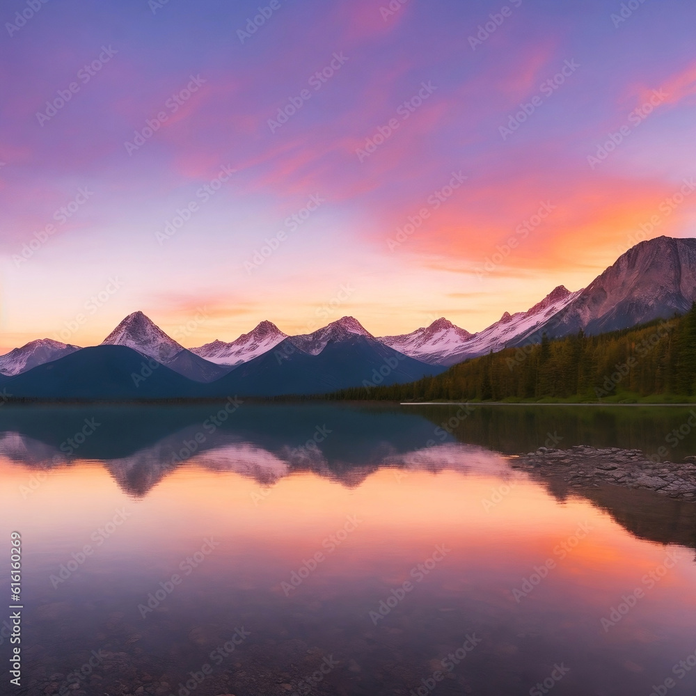 The landscape of serenity lake sunset with mountain background