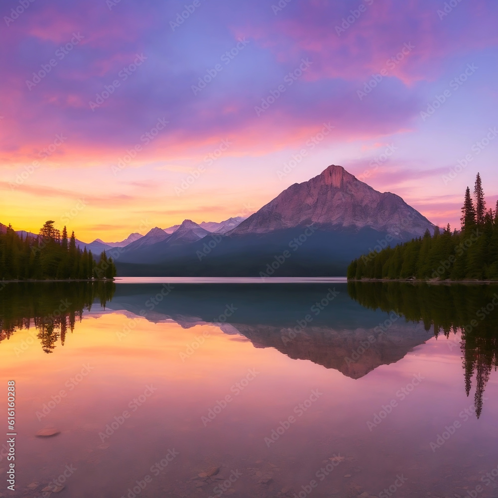 The landscape of serenity lake sunset with mountain background