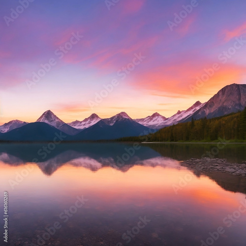 The landscape of serenity lake sunset with mountain background © Pingun