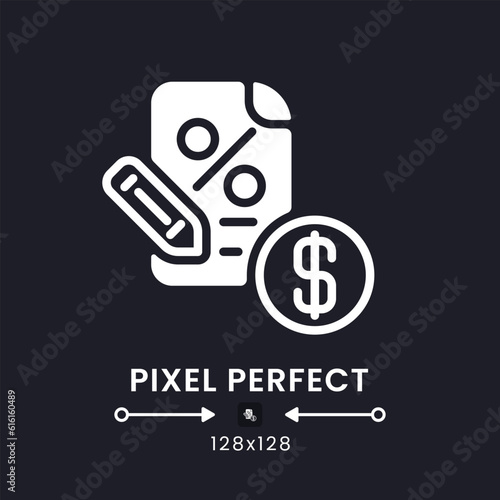 Tax filing white solid desktop icon. Accounting software. Due date. Business income. Pixel perfect 128x128, outline 4px. Silhouette symbol for dark mode. Glyph pictogram. Vector isolated image