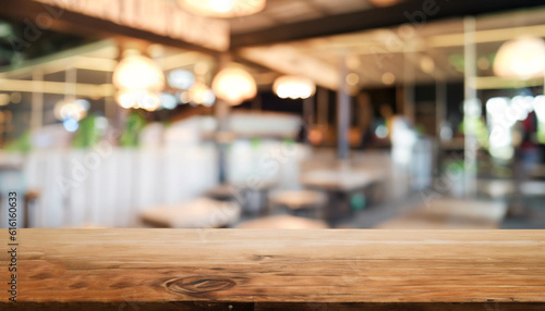 Wood texture table top (counter bar) with blur light gold bokeh in cafe, restaurant background. For montage product display or design key visual layout