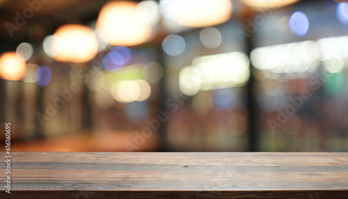 Empty wooden table in front of abstract blurred background of coffee shop . can be used for display or montage your products. Mock up for display of product