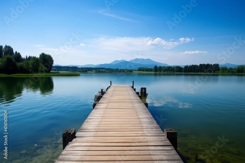 erene Beauty: A Captivating Photograph of a Wooden Jetty Extending into a Pristine Lake, Amidst the Breathtaking Scenery of Bavaria's Majestic Mountains