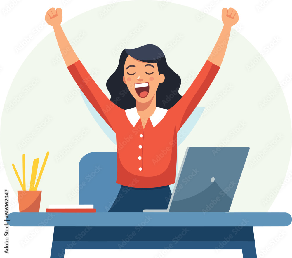 joyful woman business woman freelancer illustration, Person in chair uses computer for business communication, showing mixed emotions. Indoor setting. joyful woman business woman freelancer illustration, Person in chair uses computer for business communication, showing mixed emotions. Indoor setting.