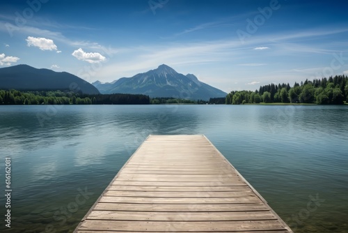erene Beauty: A Captivating Photograph of a Wooden Jetty Extending into a Pristine Lake, Amidst the Breathtaking Scenery of Bavaria's Majestic Mountains