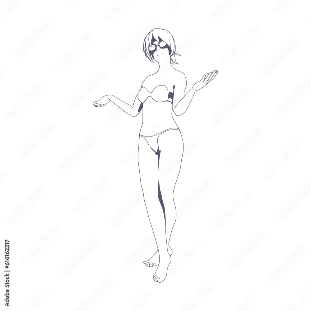 Illustration of a beautiful fashion model posing in a stylish swimsuit wearing sunglasses. Young attractive woman in bikini.