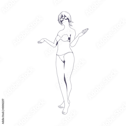 Illustration of a beautiful fashion model posing in a stylish swimsuit wearing sunglasses. Young attractive woman in bikini. © JEGAS RA