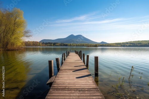 erene Beauty: A Captivating Photograph of a Wooden Jetty Extending into a Pristine Lake, Amidst the Breathtaking Scenery of Bavaria's Majestic Mountains