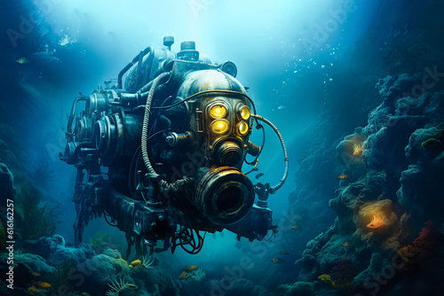 Deep sea submarine in ocean.