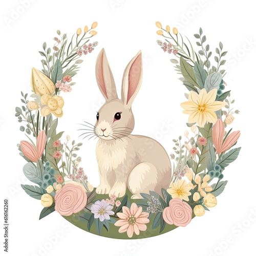 Rabbit and floral wreath. Cute cartoon illustration. Floral Easter Bunny Clipart, AI Generated