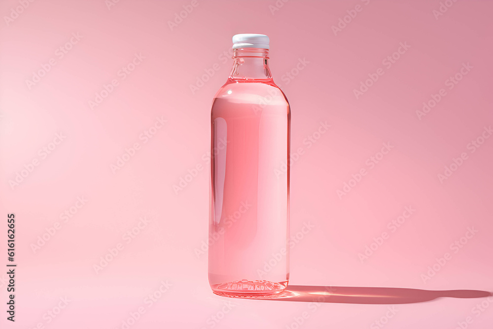Glass bottle with clean drinking water lit by the sun. With place for text
